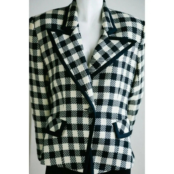 Vintage Wool Black White PlAid Notched Collar Fitted Cropped Chic Blazer M - Picture 4 of 10
